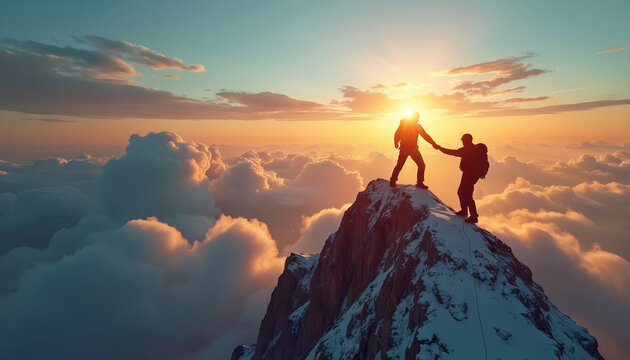 Two men help climb snowy mountain summit at sunset. One partner pulls friend hand to reach peak above clouds. People collaborate in teamwork for success, achievement, reaching goals. Show support,