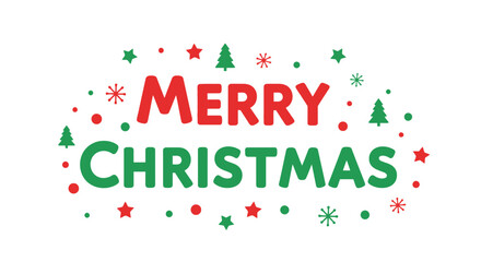 Merry christmas holiday greeting card design featuring bold red and green text, scattered stars, dots, trees, and snowflakes for joyful celebrations.