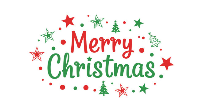 Merry christmas festive greeting with red and green text, scattered stars, dots, and decorated christmas trees, holiday season celebration message vector graphic illustration design element