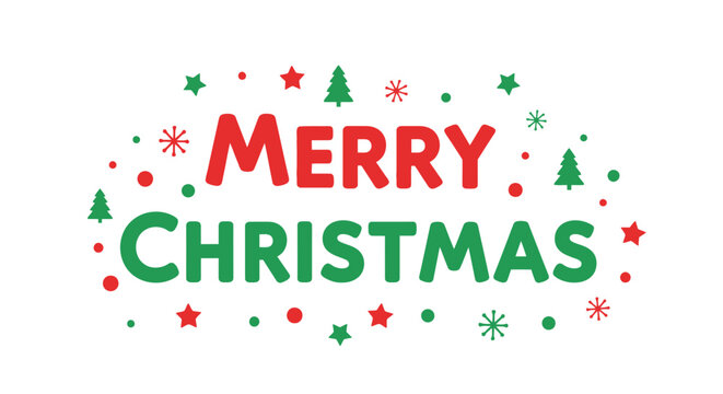 Merry christmas holiday greeting card design featuring bold red and green text, scattered stars, dots, trees, and snowflakes for joyful celebrations.