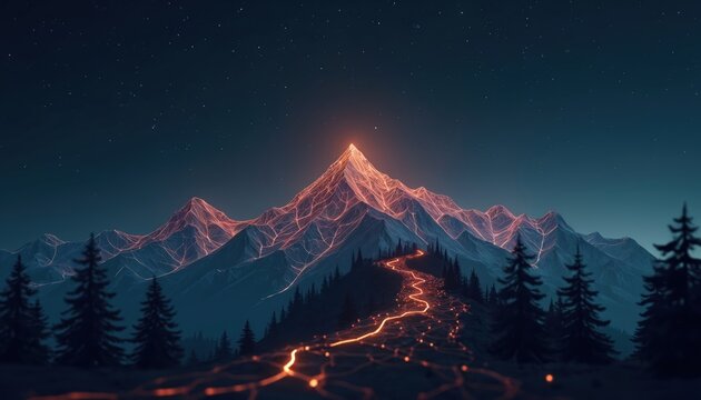 Glowing path leads to mountain peak in futuristic landscape. Digital network covers range under starry night sky. Abstract scene data journey, innovation, goal achievement career growth in technology.