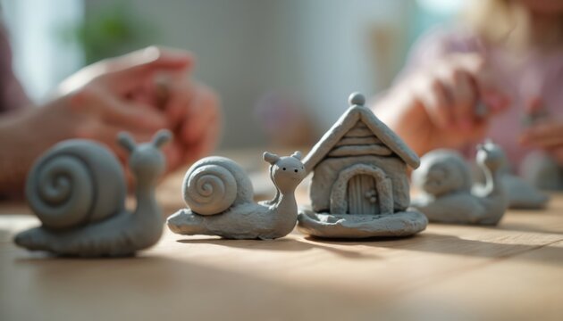 Kids create clay figures at home. Close up photo shows clay snails and small house. Children play. Crafting activity. Handmade toys on wooden table in daylight.