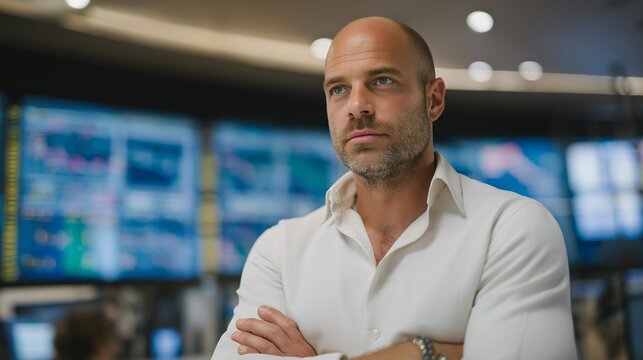 Startup director standing in front of massive data screens as system crashes during live product launch — concept of resilience in leadership, emotional endurance in tech startups, high-stakes