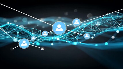 Abstract digital network with blue glowing lines, dots, and user connections - Powered by Adobe