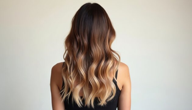 Back view of woman with long healthy wavy hair. Hairstyle features modern balayage ombre coloring. Smooth gradient transitions from dark brunette roots to blonde ends. Shiny curls, highlights