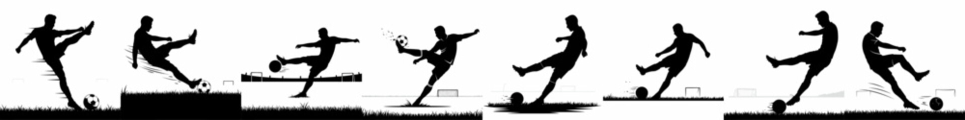 Dynamic vector silhouettes of soccer players kicking footballs, depicting various action poses against a clean white background with grass detail. © Nadya