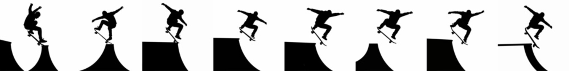 Vector set of skateboarding silhouettes showing various dynamic tricks and jumps on ramps and skate park obstacles, isolated on white.