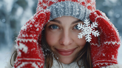 Winter Wonder Glimpse: A serene moment captured a young lady with kind eyes and holding snowflake. Expressing her beauty under winter snow.