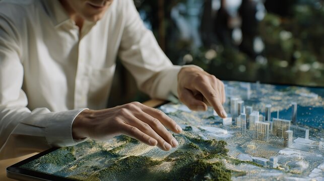 Close-up of planner interacting with 3D holographic city model, highlighting potential parks and eco-projects, emphasizing digital urban analytics, environmentally conscious planning, and immersive