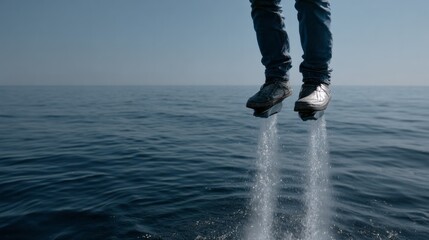 Flying above cerulean waves with jet-propelled shoes, futuristic aqua-festival adventure and Skyboarding Day adrenaline, male innovation