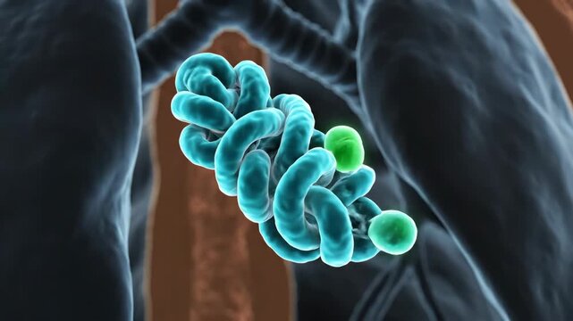 Extreme close-up 3D animation of a hemoglobin molecule 'clicking' into a loaded state as it catches O? particles.