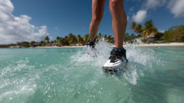 Feet skimming azure waves in audacious water shoes, tropical escapade, Splash Day celebration, redefining coastal wanderlust