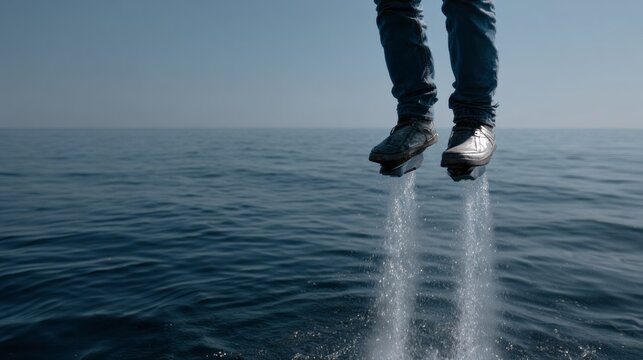 Flying above cerulean waves with jet-propelled shoes, futuristic aqua-festival adventure and Skyboarding Day adrenaline, male innovation