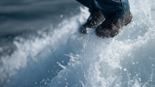 Splashed boots cutting through ocean waves, adrenaline-charged journey, World Oceans Day, mystical water escapades, nautical dreams unfold