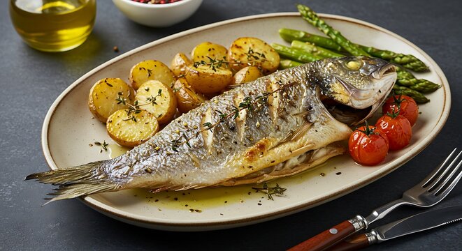 Delicious whole grilled sea bream with roasted potatoes asparagus and cherry tomatoes.