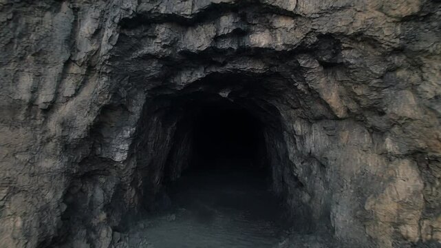 Drone Dolly-In Toward Dark Mine Entrance