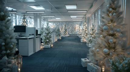 Festive Workplace: An inviting office transformed for the holiday season, with decorated Christmas trees lining the hallways. A visual representation of holiday cheer and festive spirit.