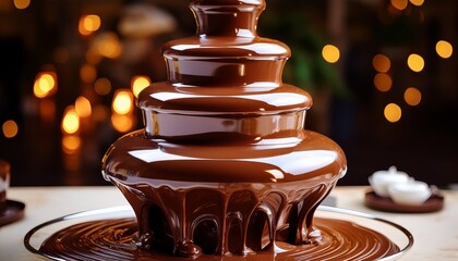 A Glossy Chocolate Fountain With Smooth Cascading Layers Of Rich Melted Chocolate