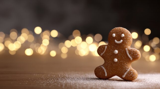 Smiling gingerbread man dances amid twinkling fairy lights, evoking whimsical Yuletide cheer and playful winter solstice traditions - Powered by Adobe