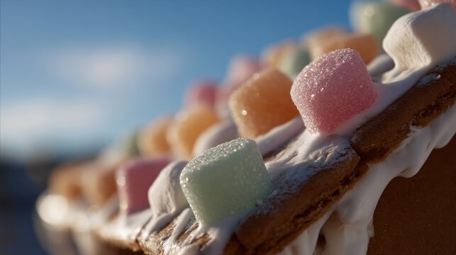 Sugar-kissed pastel marshmallows perch on frosted gingerbread, evoking whimsical Yule tidings and Festivus delights under winters serenade