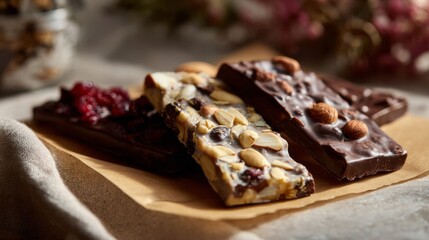 Intricately textured nut and berry chocolate bars evoke Hygge warmth, perfect for National Chocolate Day and cozy autumn indulgence