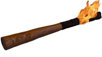 Burning wooden torch with rough fabric wrap