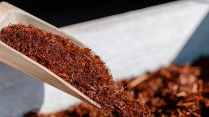 Mulch cascading from rustic wooden scoop, evoking earthy renewal, Arbor Day celebration, and eco-friendly gardening vibes