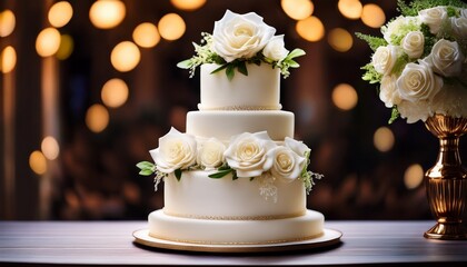 A Stunning Three Tiered Wedding Cake With White Rose Decorations Ready For The Wedding Celebration