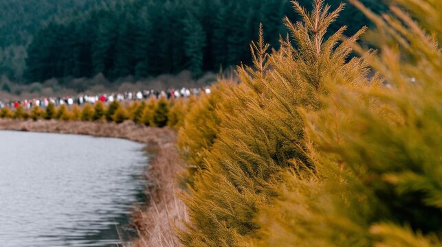 Emerald fir trees lining a shimmering lakeside, perfect for Arbor Day celebrations or serene Hanami picnics by tranquil waters