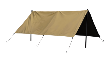 Tan canvas shelter with dark interior on poles