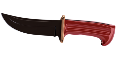 Dark blade knife with red textured handle and gold guard