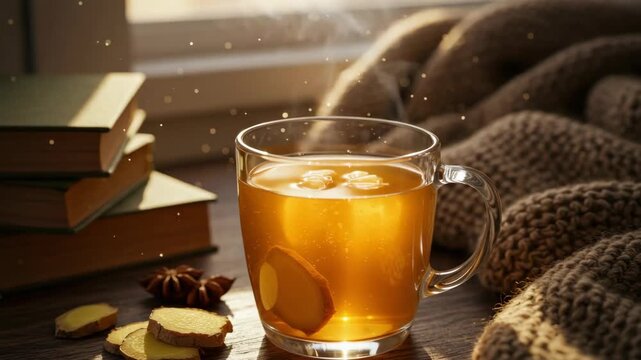 Warm beverage in clear glass with ginger slices beside books and blanket