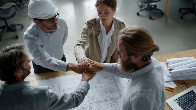 Collaboration among architectural engineers in an office setting as they engage in a project discussion while holding hands in support