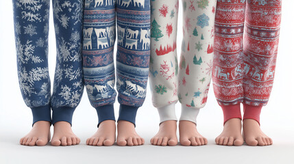 Cozy Pajamas Festive: A captivating display of six pairs of feet, each adorned in uniquely patterned pajama pants, showcasing festive designs.
