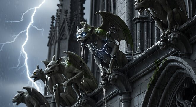 Gargoyles guarding a building in the storm with lighting effect