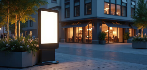 Modern digital totem with blank touchscreen displays information on city street. Interactive advertising panel stands near cafe entrance with outdoor seating. Illuminated billboard shows empty white