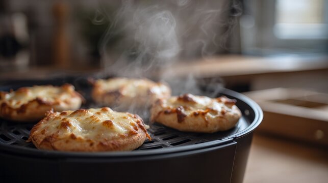 Freshly baked mini pizzas releasing aromatic steam, capturing cozy family evenings, indulgent comfort food vibes on World Pizza Day
