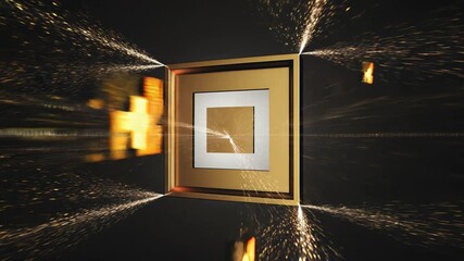 NFT Token digital artwork featuring golden framed cube floating in futuristic 3D environment symbolizing NFT art and blockchain creativity - Powered by Adobe