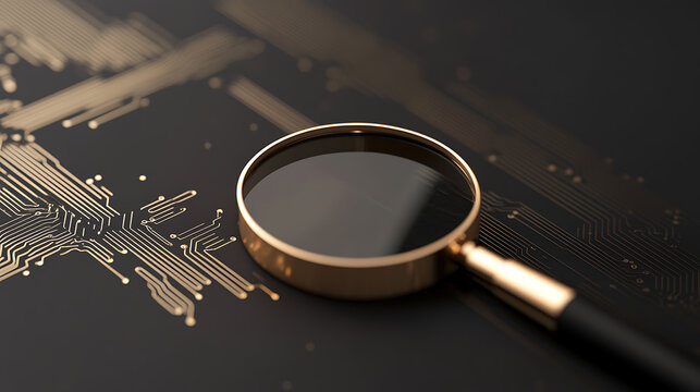 A close-up shot features a magnifying glass elegantly positioned over a dark surface with a golden circuit board pattern, blending technology with a hint of classic design. - Powered by Adobe