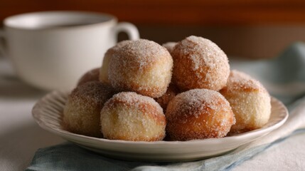 Sugary beignet bliss, whispering autumnal indulgence, Carnival anticipation, captured in a rustic, doughy embrace on a cozy morning