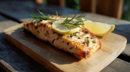 Grilled salmon with lemon zest and rosemary, evoking flavors of midsummer garden feasts, ideal for National Grilling Month