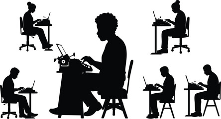 Silhouette office workers typing laptops, central figure typewriter retro technology, teamwork productivity contrast, modern digital devices evolution, workplace communication history, 