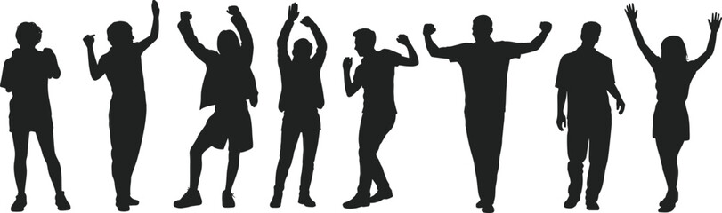 Silhouette people celebrating success, joyful crowd raising arms, teamwork unity concept, happy group victory illustration, expressive human poses, motivation energy, lifestyle design inspiration