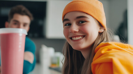 A young woman with a beaming smile and bright orange beanie in the kitchen. A man holding a pink smoothie container is in the background. Fresh and healthy living depicted here.