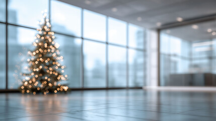 Festive Office Ambience: Illuminated with soft, warm lights, a Christmas tree stands as a beacon of holiday cheer within a modern office setting, evoking feelings of joy and anticipation.