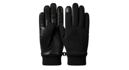 A pair of elegant black winter gloves with touchscreen compatibility, shown from the palm and back view isolated on a transparent background