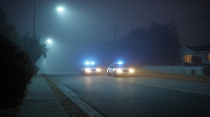Fog-drenched street patrol, ghostly blue lights dance, All Hallows' Eve mysteries, urban night watch, spectral tranquility unfolds