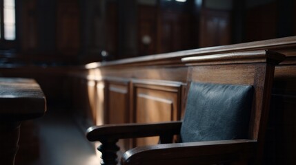 Silent sunlit courtroom seat, resonating justice echoes, legal labyrinth, evocative narrative, creating Law Day and Judgment Eve reflections
