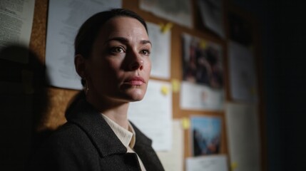 Dark-haired Caucasian woman in contemplative shadows, mystery intrigue board, Solstice reflections, International Detective Day, deductive ambiance