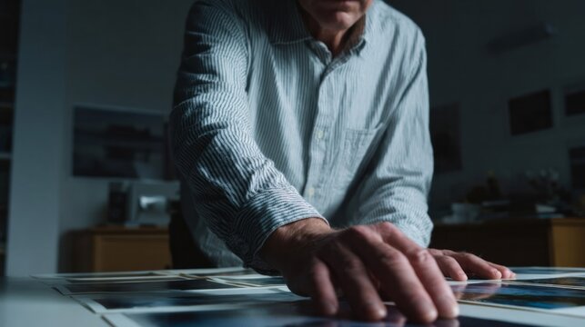 Elderly Caucasian man arranging nostalgic photographs, evoking Dia de los Muertos spirit, amidst an atmosphere of creative contemplation